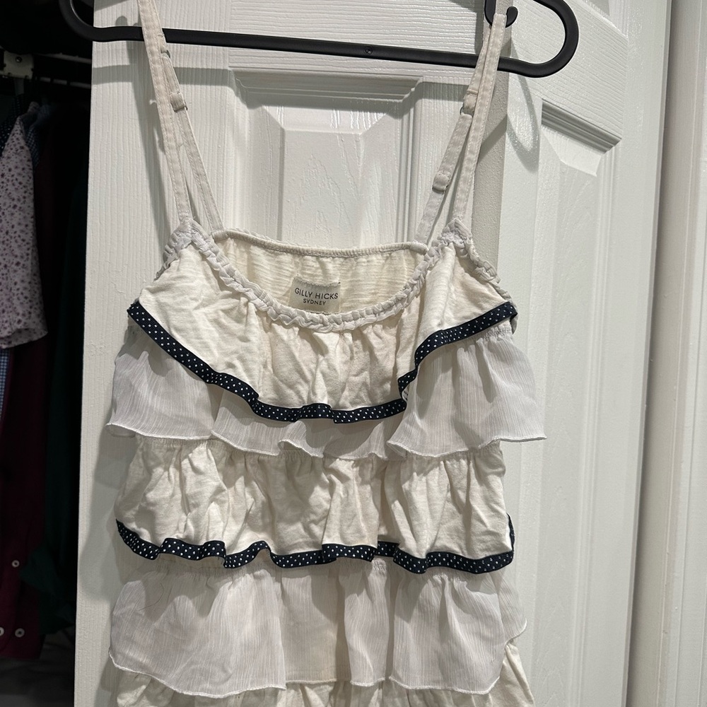 Gilly Hicks White Ruffle blouse with Navy Polka Dot Trim